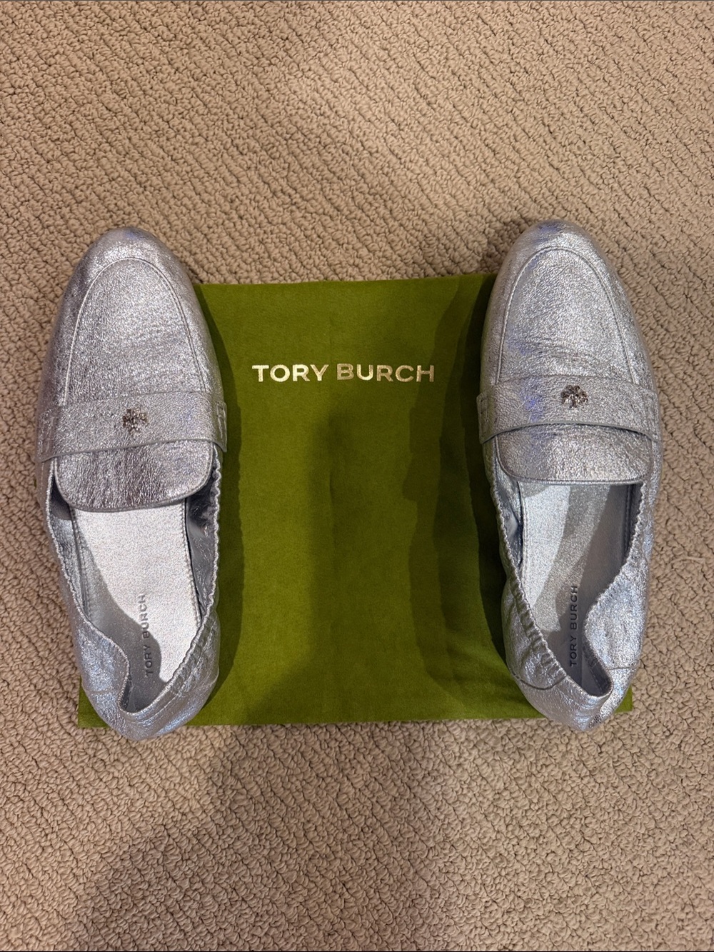 Tory Burch Silver Metallic Leather Penny Loafers